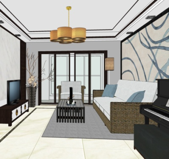 新中式客厅su模型