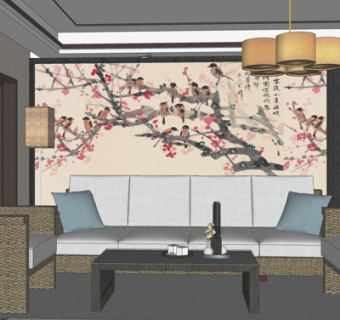 新中式客厅su模型