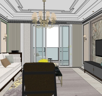 新中式客厅su模型