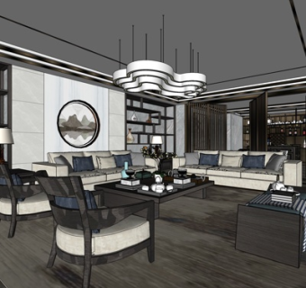 新中式客厅su模型