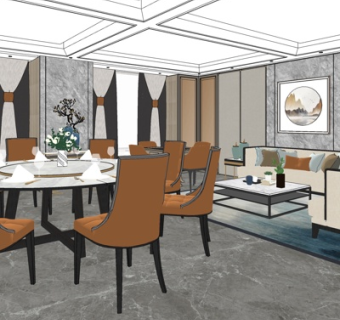 新中式客餐厅su模型