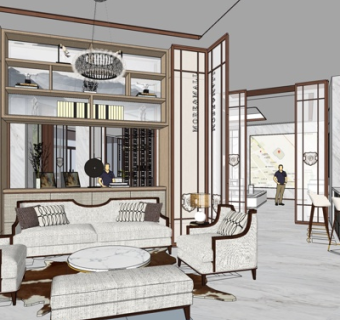 新中式售楼处休息区su模型