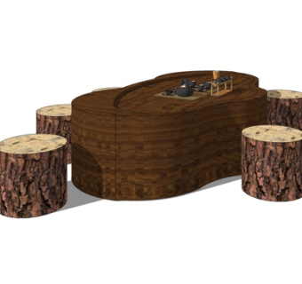 日式实木茶桌椅su模型