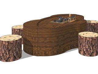 日式实木茶桌椅su模型