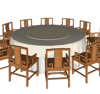 中式圆形餐桌椅su模型