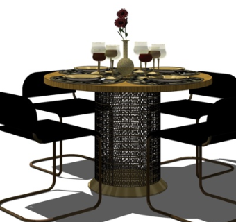 后现代圆形餐桌椅su模型