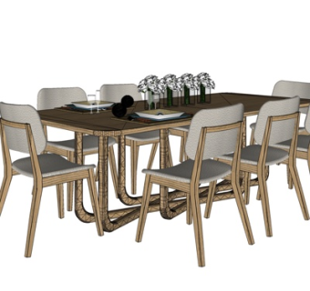 北欧实木餐桌椅su模型