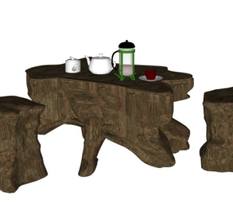 中式实木茶桌椅su模型