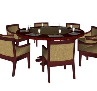 中式实木圆形餐桌椅su模型