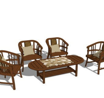 中式实木茶桌椅su模型