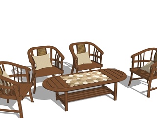 中式实木茶桌椅su模型
