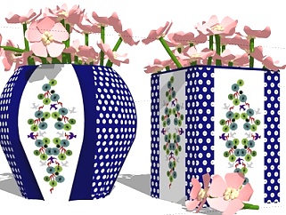 新中式陶瓷花瓶花卉su模型