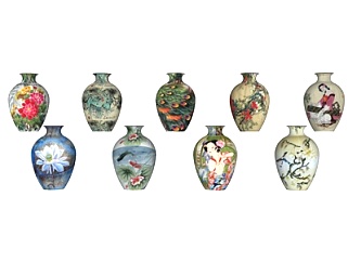 中式印花陶瓷花瓶组合su模型