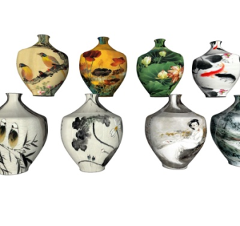 中式印花陶瓷瓷罐组合su模型