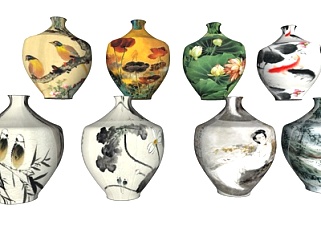 中式印花陶瓷瓷罐组合su模型