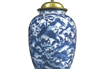 中式青花陶瓷罐su模型