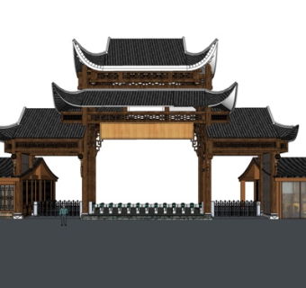 中式公园大门入口su模型