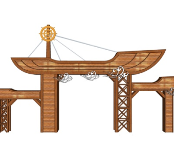 中式实木小区入口门头su模型