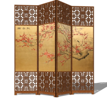 中式印花隔断屏风su模型