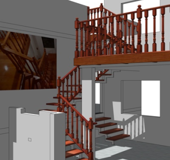 美式实木转角楼梯su模型
