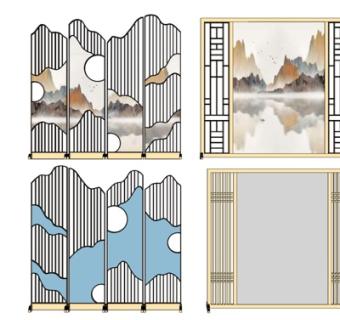 新中式实木隔断屏风su模型