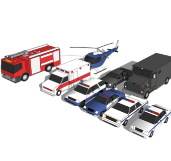 现代警车消防车组合su模型