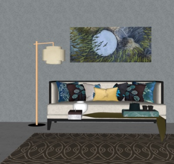 新中式布艺多人沙发su模型