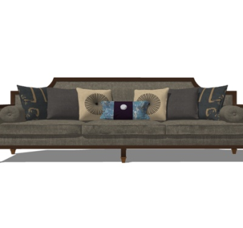 新中式布艺多人沙发su模型
