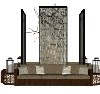 新中式布艺多人沙发su模型
