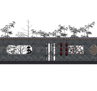 新中式景观墙su模型