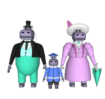 现代卡通河马一家su模型