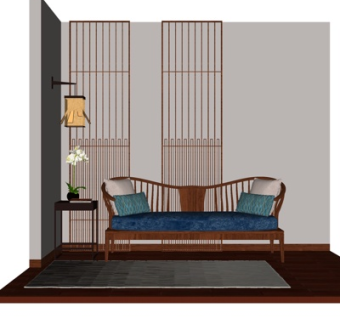 新中式布艺多人沙发su模型