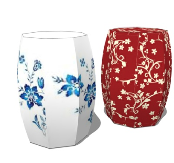 中式印花圆凳su模型