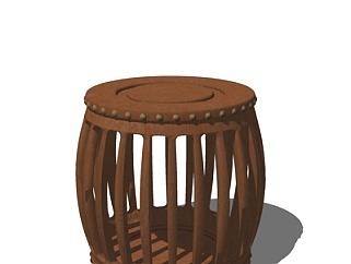 新中式实木圆凳su模型