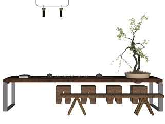 新中式茶桌椅su模型