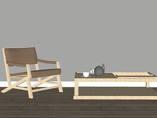 北欧原木茶桌椅su模型