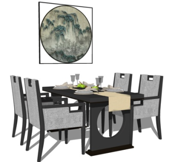 新中式餐桌椅su模型