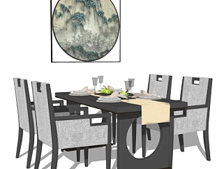 新中式餐桌椅su模型