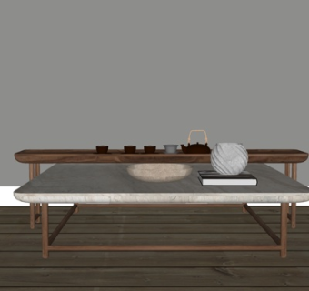 新中式实木茶桌椅su模型