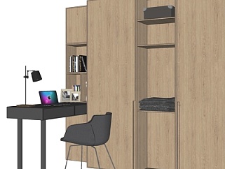 现代实木衣柜书桌su模型