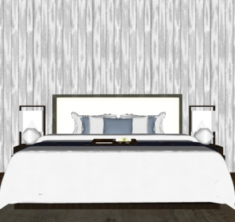 新中式布艺双人床su模型