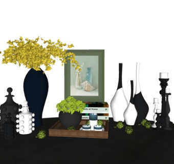 现代花卉花瓶书籍摆件su模型