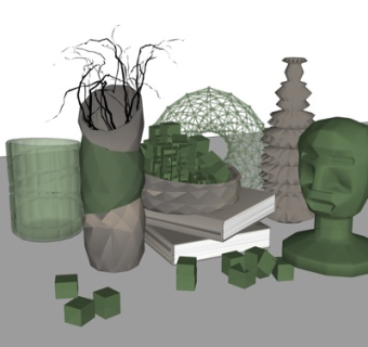 后现代书籍花瓶人头摆件su模型