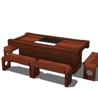 中式实木茶桌椅su模型