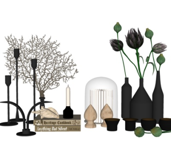 现代书籍花卉烛台灯摆件su模型