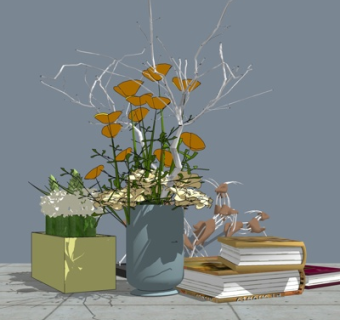 现代书籍花卉摆件su模型