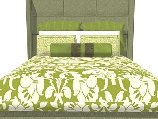 现代绿色布艺双人床su模型