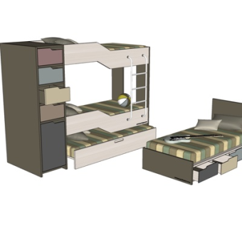 北欧原木儿童上下床su模型