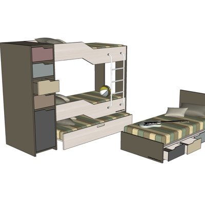 北欧原木儿童上下床su模型
