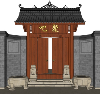 中式庭院入户门su模型